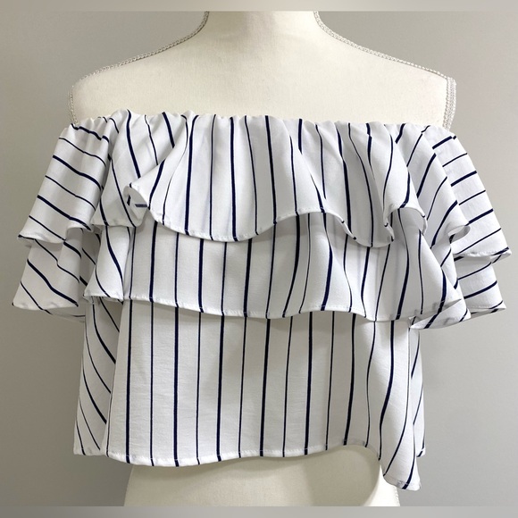 She + Sky Womens L White Blue Stripe Ruffle Flowy Crop Top Boho Y2K Maximalist - Picture 13 of 14